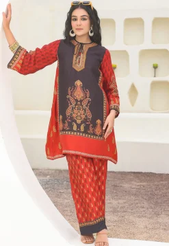 Digital Printed Art Silk Straight Kurta Set in Black and Red
