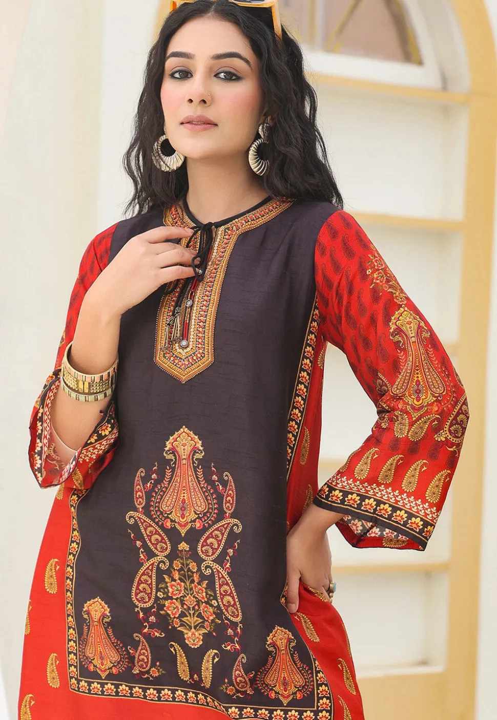 Digital Printed Art Silk Straight Kurta Set in Black and Red