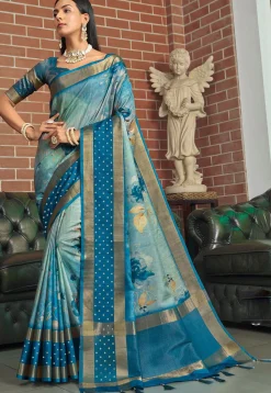 Digital Printed Art Silk Saree in Blue