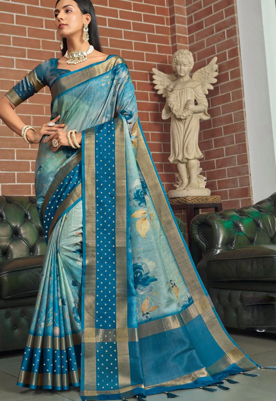 Digital Printed Art Silk Saree in Blue