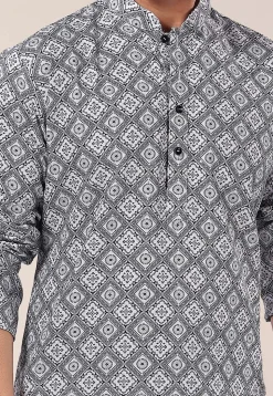 Digital Printed Art Silk Dhoti Kurta in Black and White