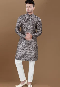 Digital Printed Art Silk Kurta Set in Navy Blue