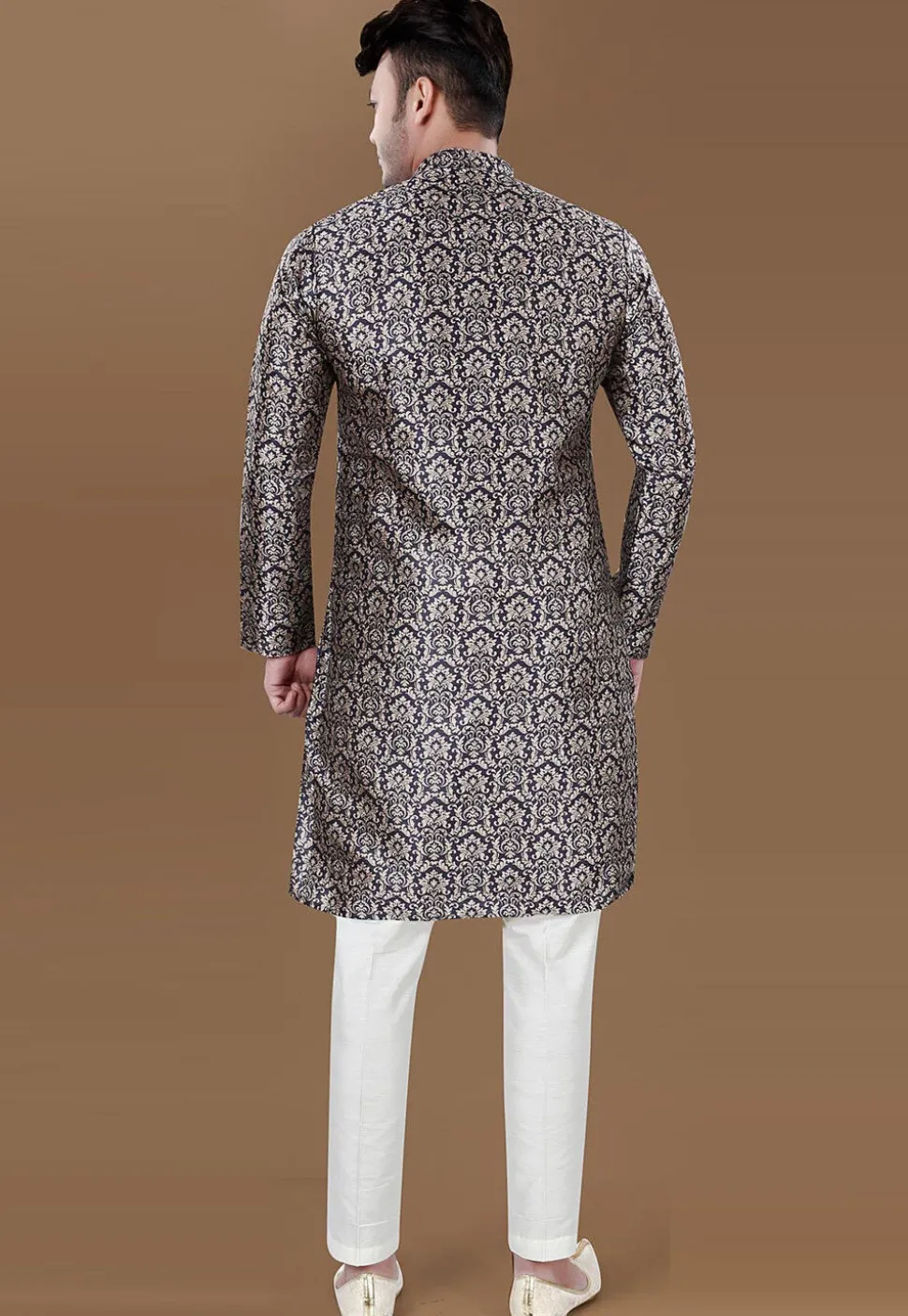 Digital Printed Art Silk Kurta Set in Navy Blue