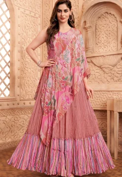 Digital Printed Art Silk Gowns with attached Dupatta in Peach
