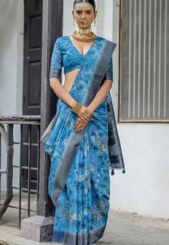 Digital Printed Art Silk Saree in Blue