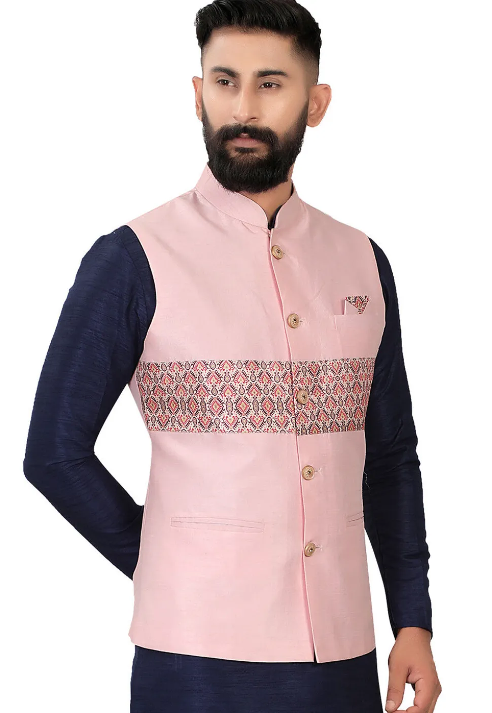 Digital Printed Art Silk Nehru Jacket in Light Pink