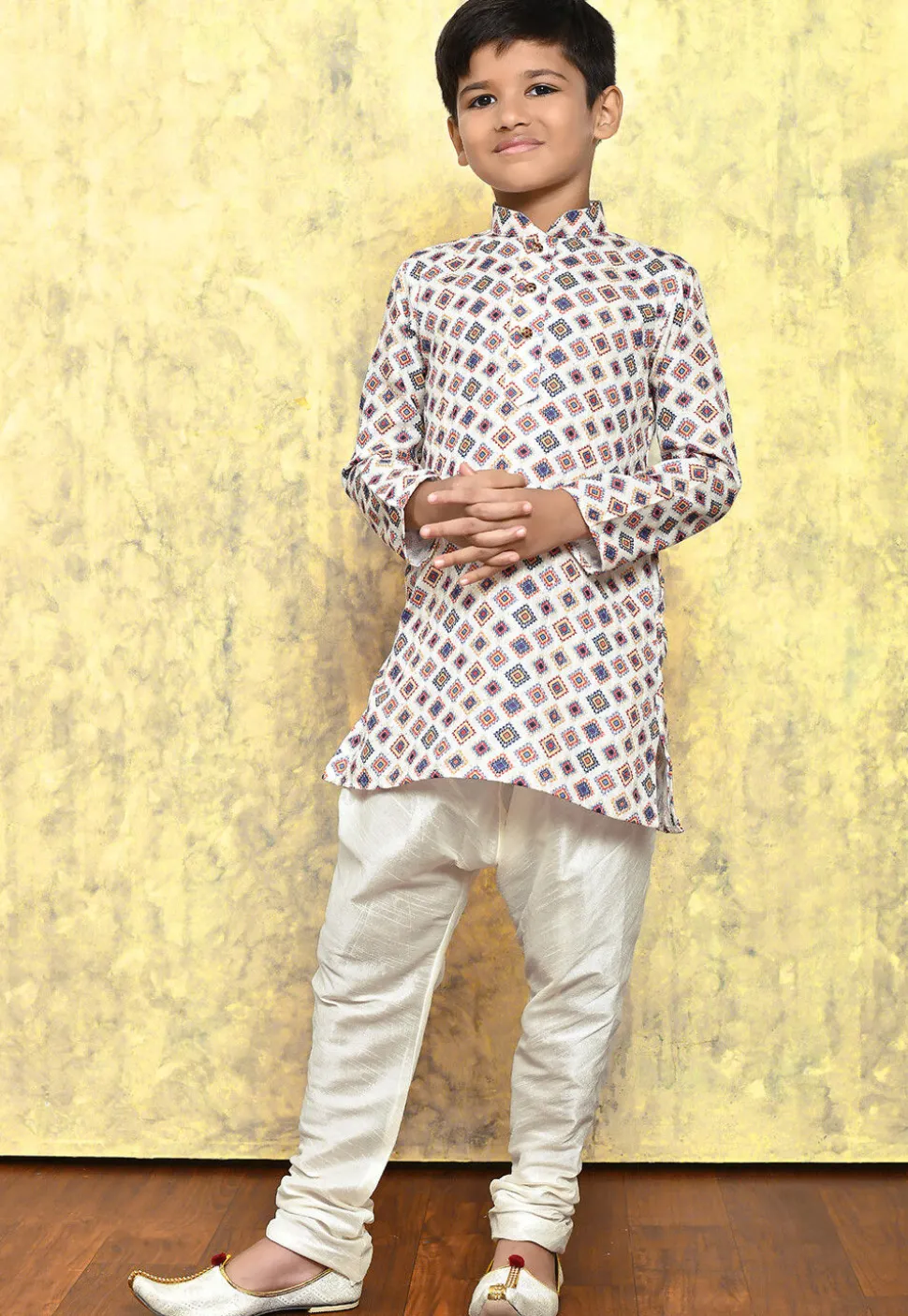 Digital Printed Art Silk Kurta Set in White