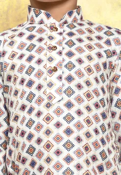 Digital Printed Art Silk Kurta Set in White