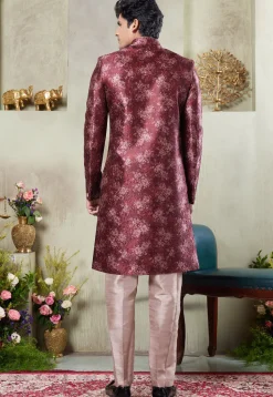 Digital Printed Art Silk Sherwani in Maroon