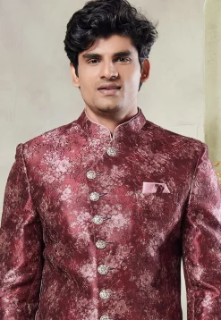 Digital Printed Art Silk Sherwani in Maroon