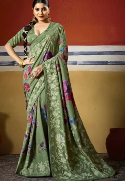 Digital Printed Art Silk Saree in Dusty Green