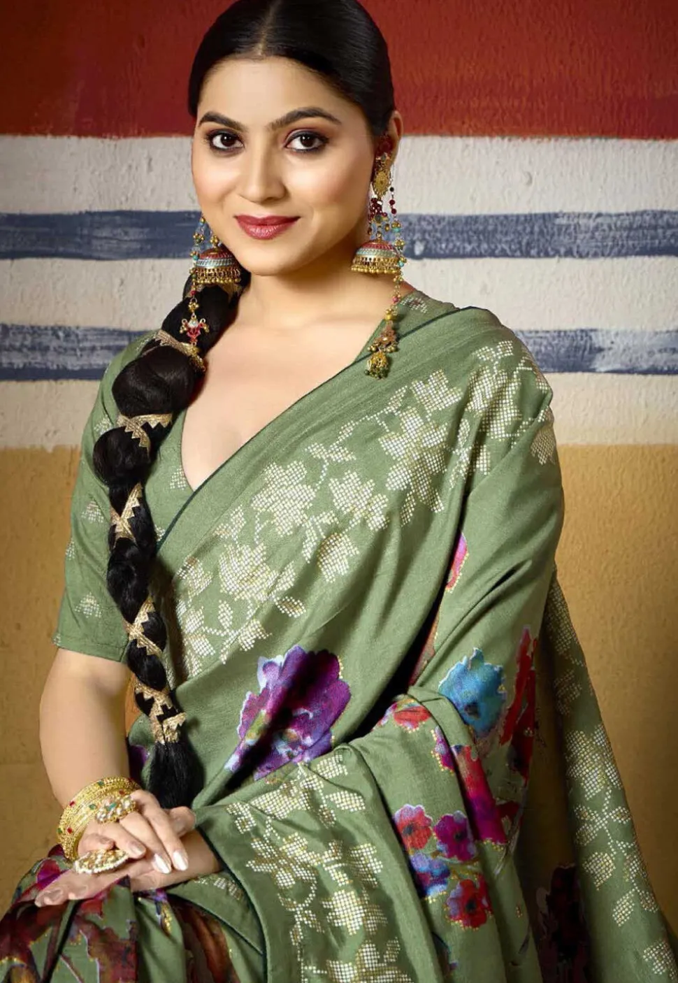 Digital Printed Art Silk Saree in Dusty Green