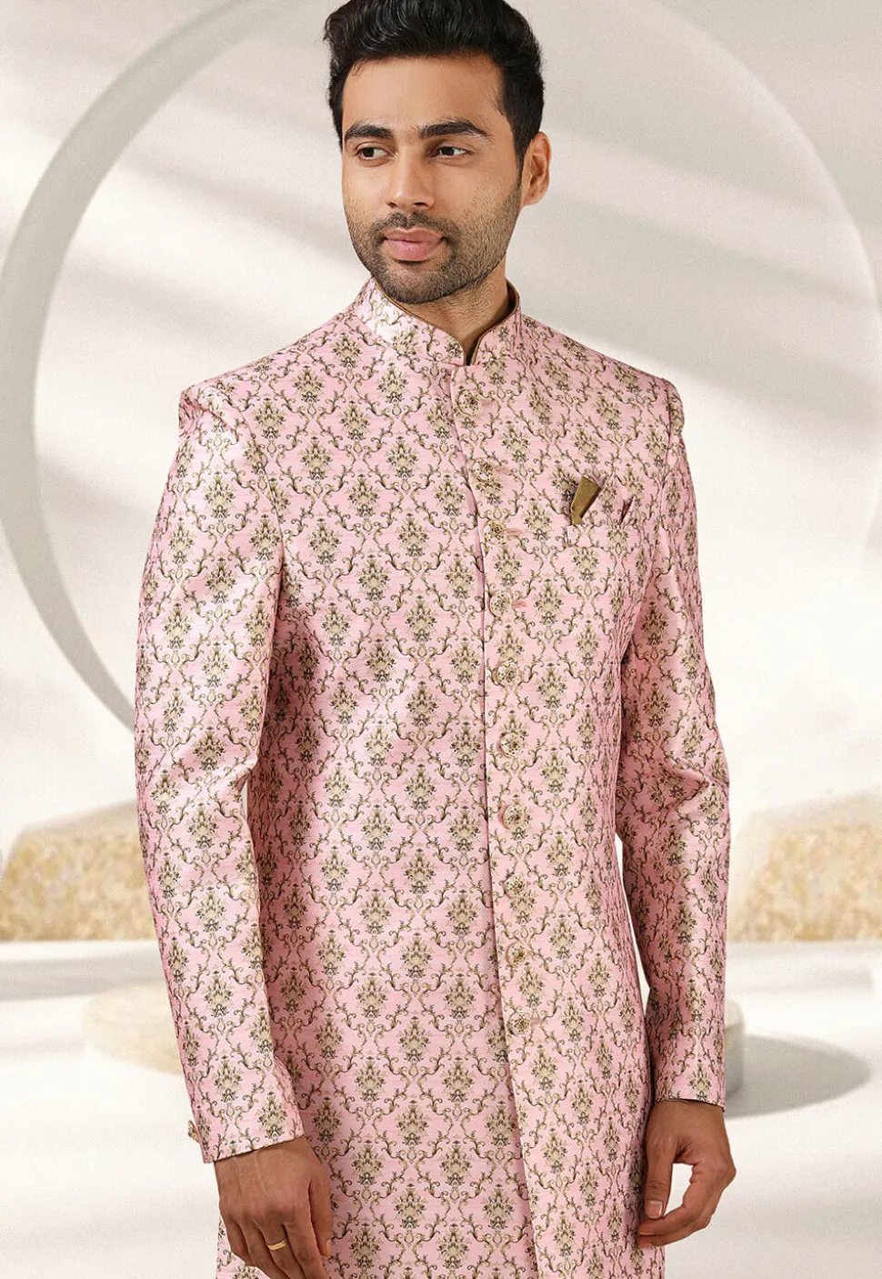 Digital Printed Art Silk Sherwani in Pink
