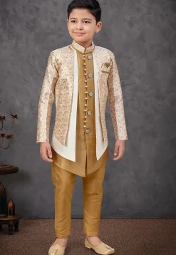 Digital Printed Art Silk Jacquard Layered Sherwani in Beige and Mustard