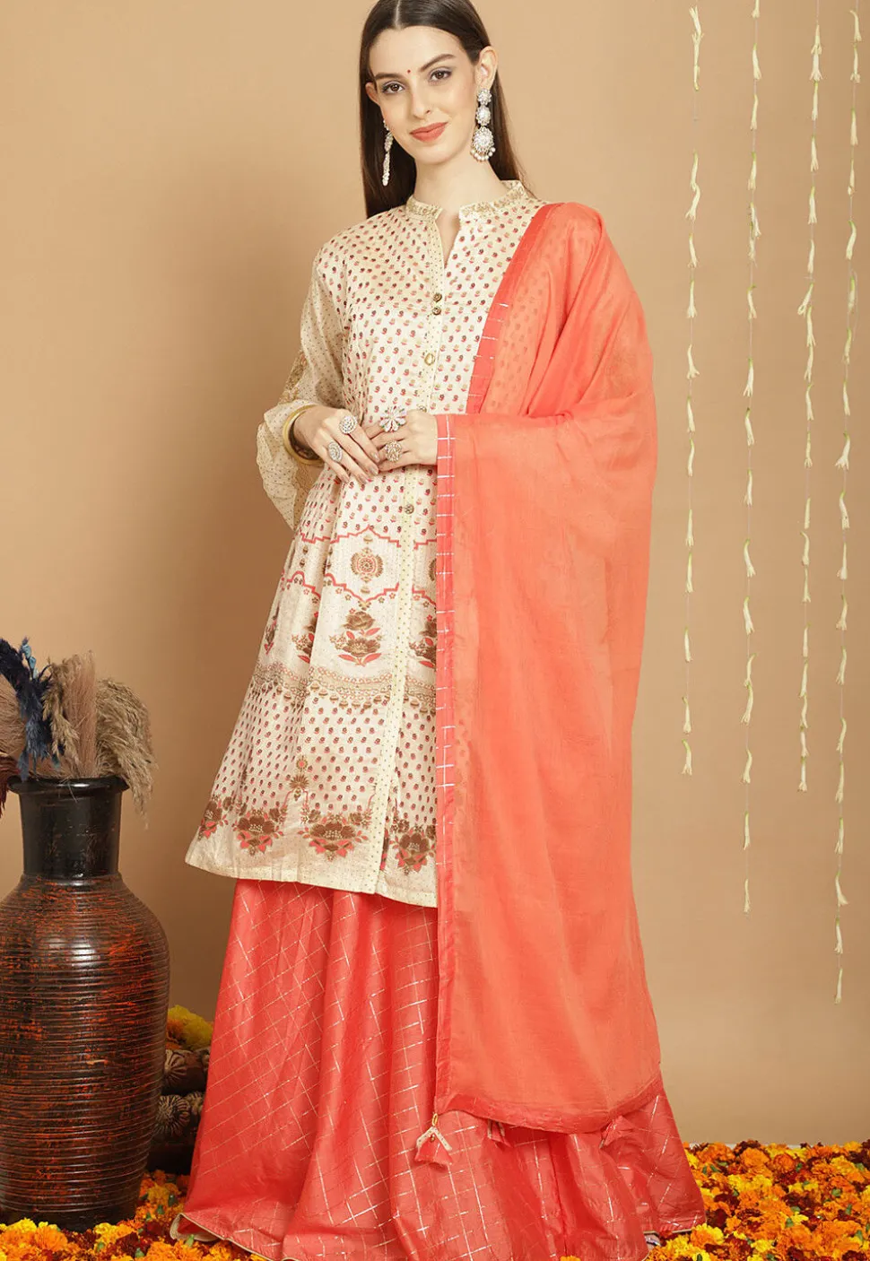 Digital Printed Art Silk Lehenga in Peach