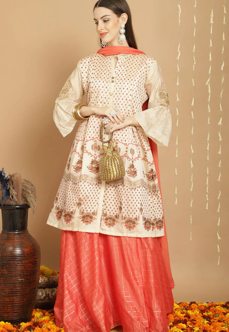 Digital Printed Art Silk Lehenga in Peach