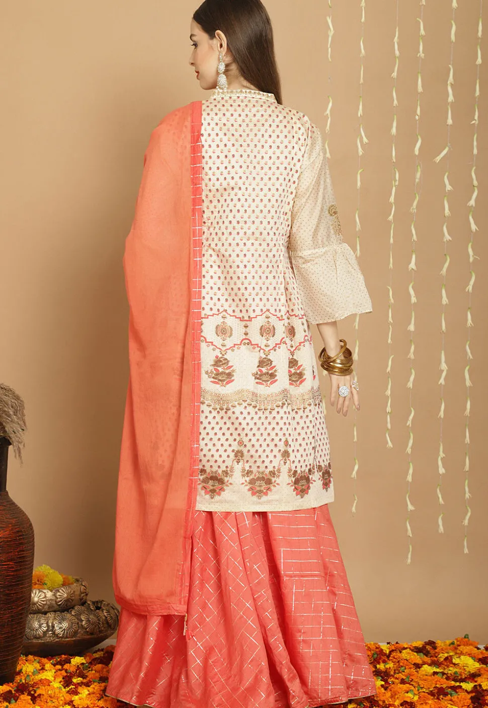 Digital Printed Art Silk Lehenga in Peach