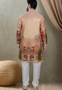 Digital Printed Art Silk Kurta Set in Peach