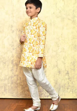 Digital Printed Art Silk Kurta Set in Yellow