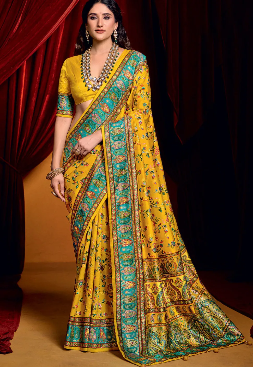 Digital Printed Art Silk Saree in Mustard