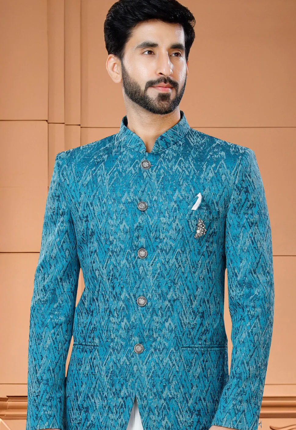 Digital Printed Art Silk Jodhpuri Suit in Blue