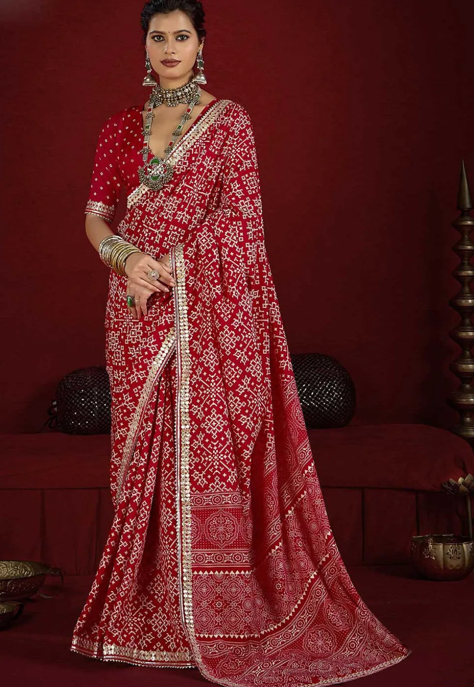 Digital Printed Art Silk Saree in Red