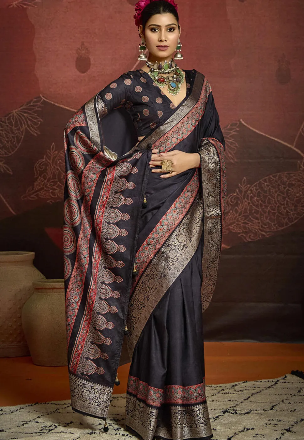 Digital Printed Art Silk Saree in Black