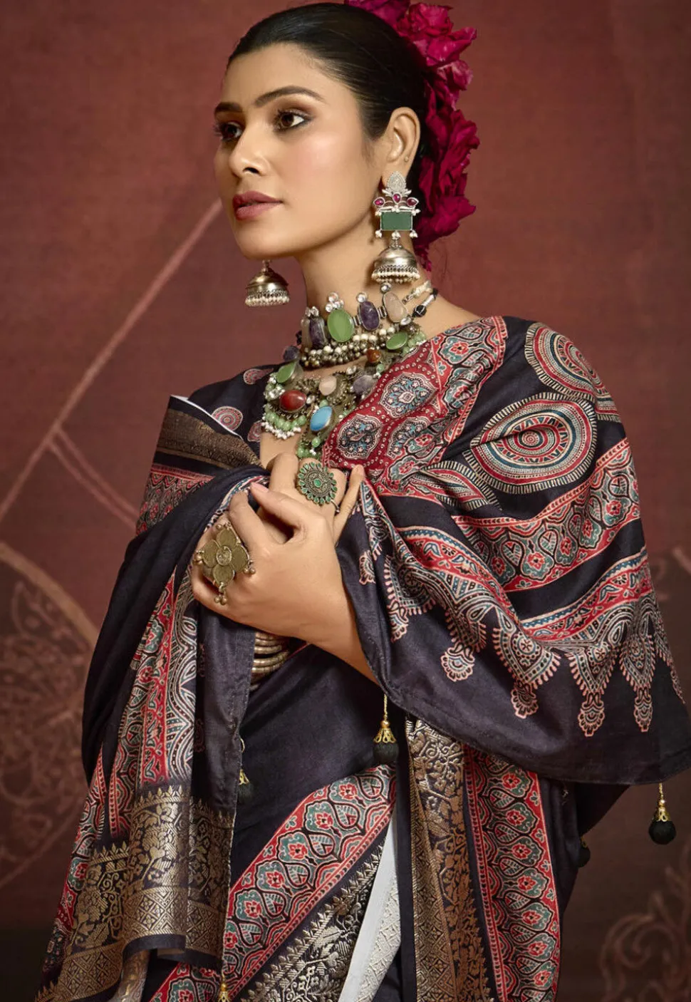 Digital Printed Art Silk Saree in Black
