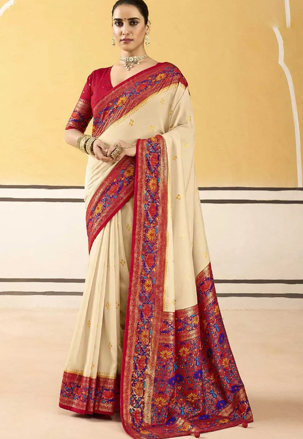 Digital Printed Art Silk Saree in Cream