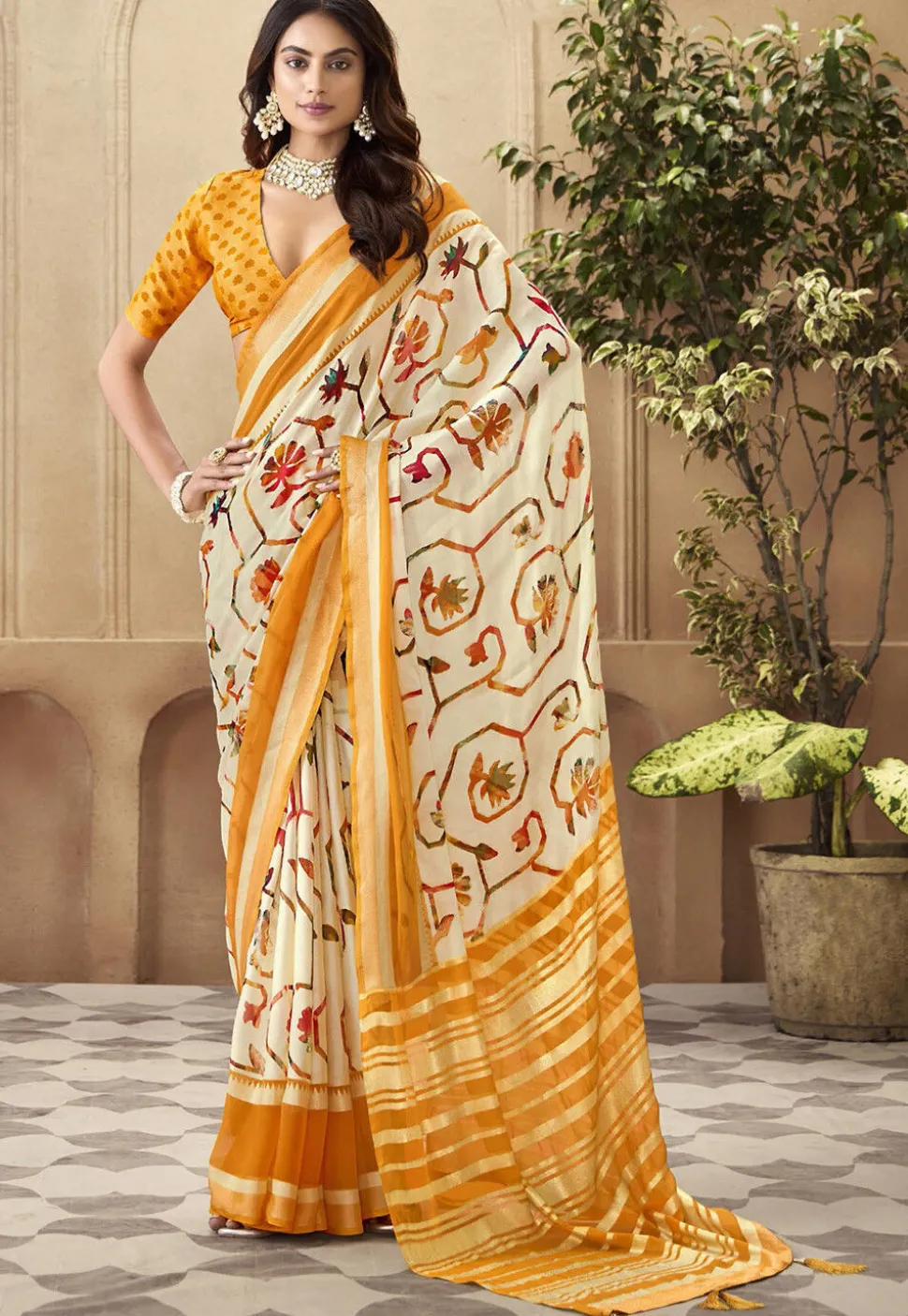 Digital Printed Art Silk Saree in Cream