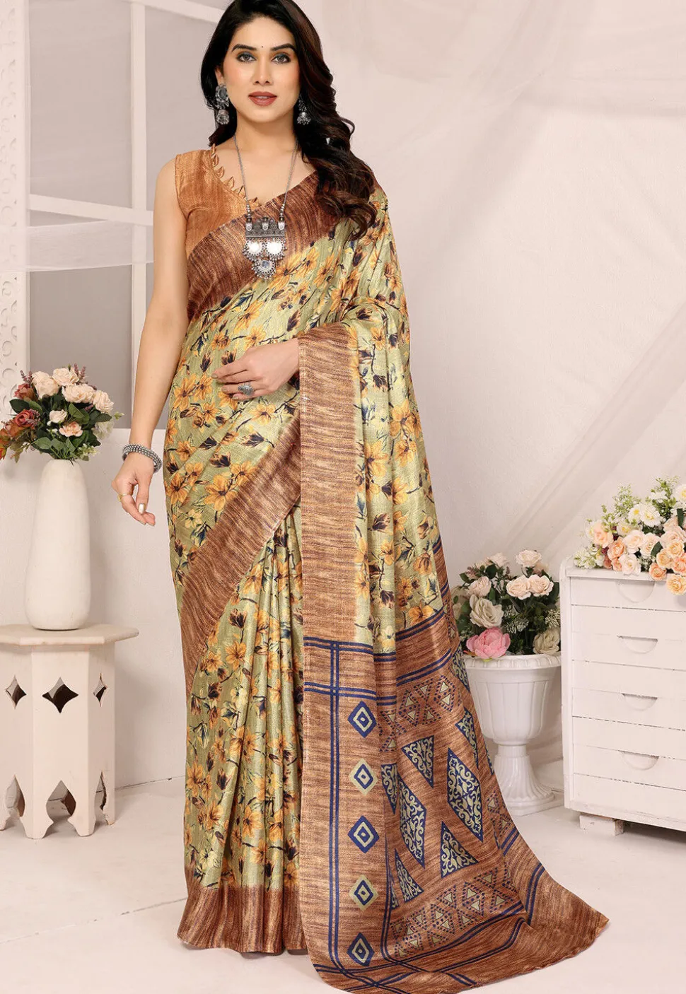 Digital Printed Art Silk Saree in Light Green
