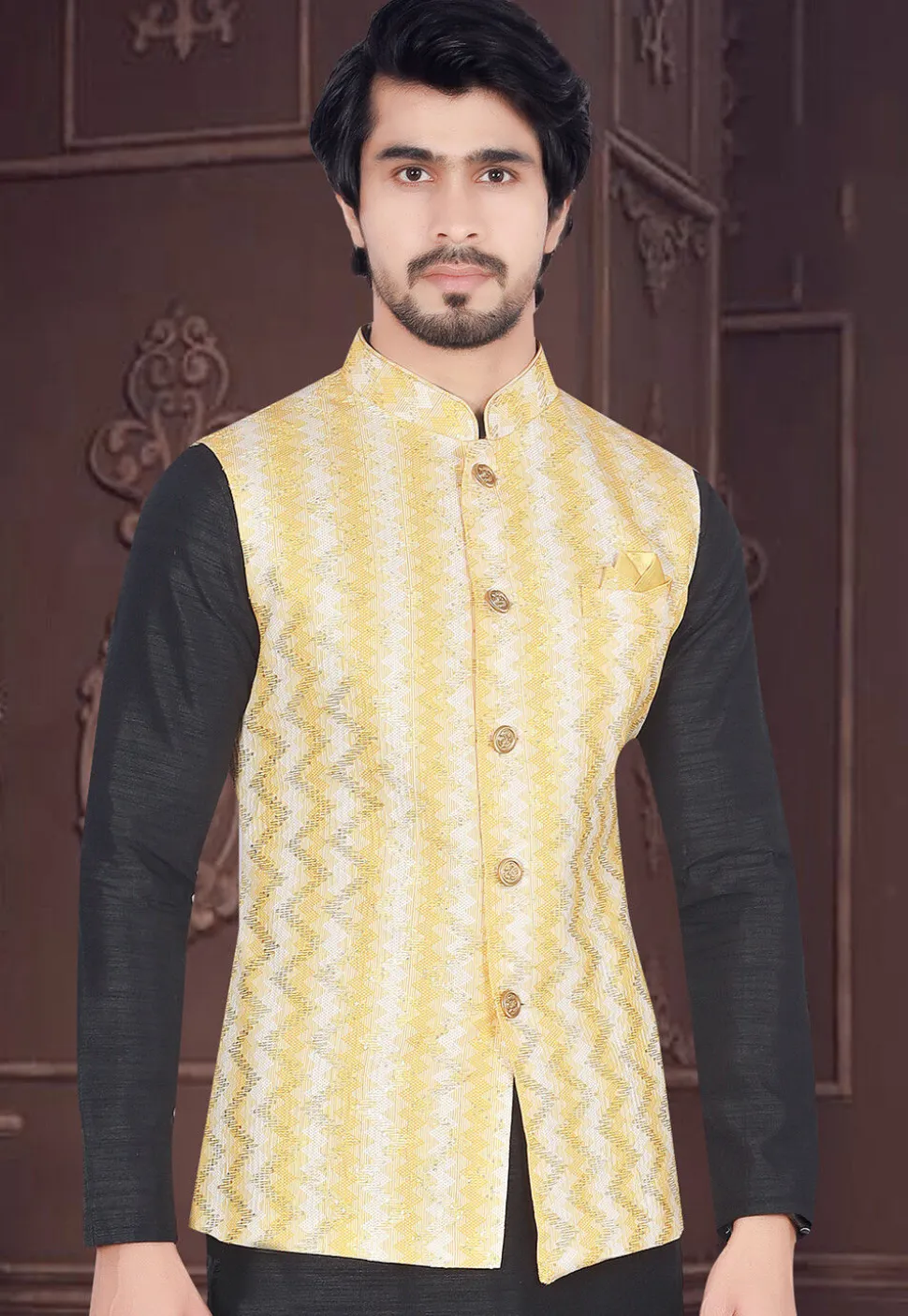 Digital Printed Art Silk Nehru Jacket in Yellow