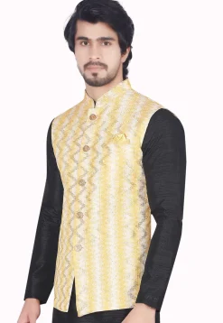 Digital Printed Art Silk Nehru Jacket in Yellow
