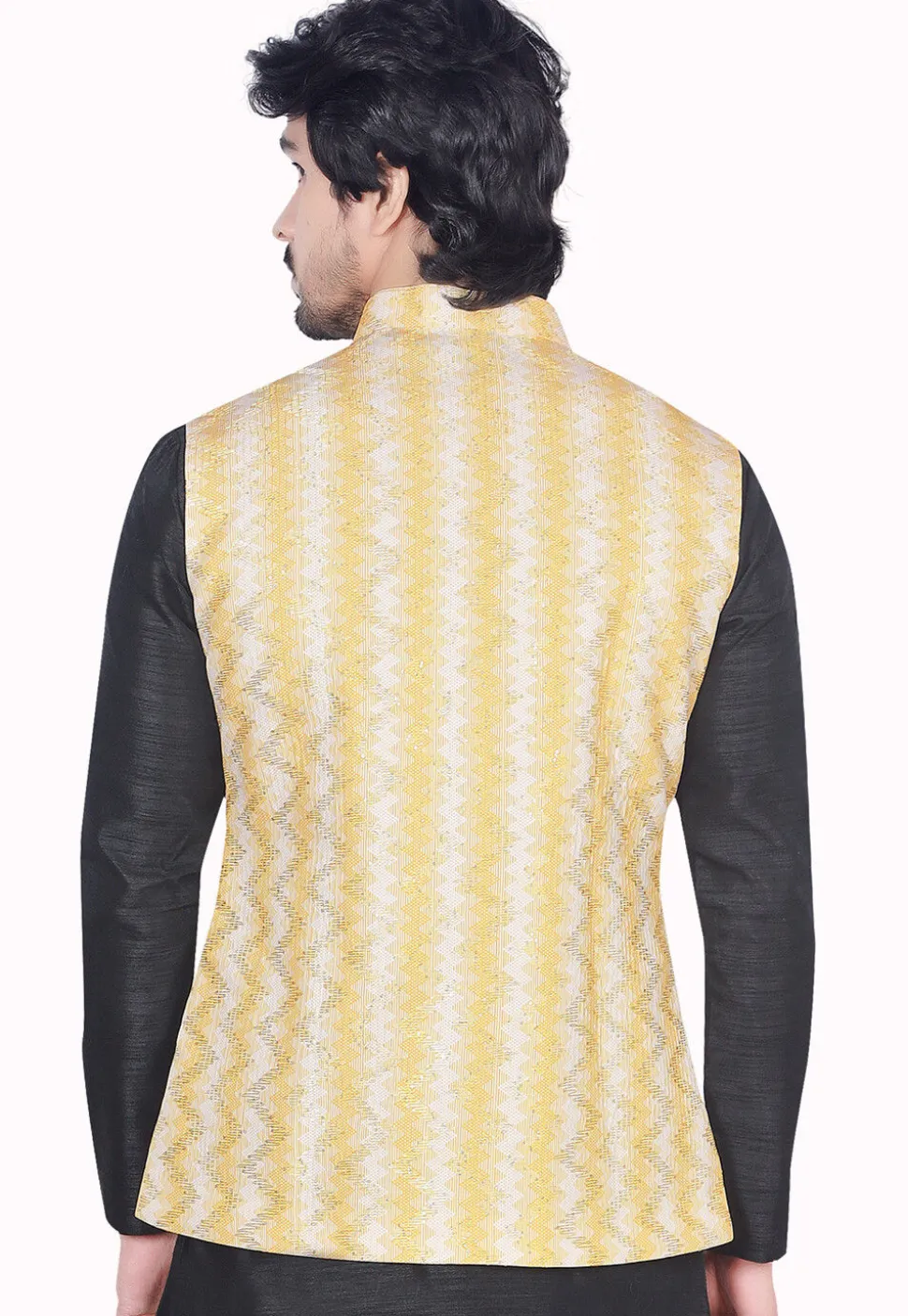 Digital Printed Art Silk Nehru Jacket in Yellow