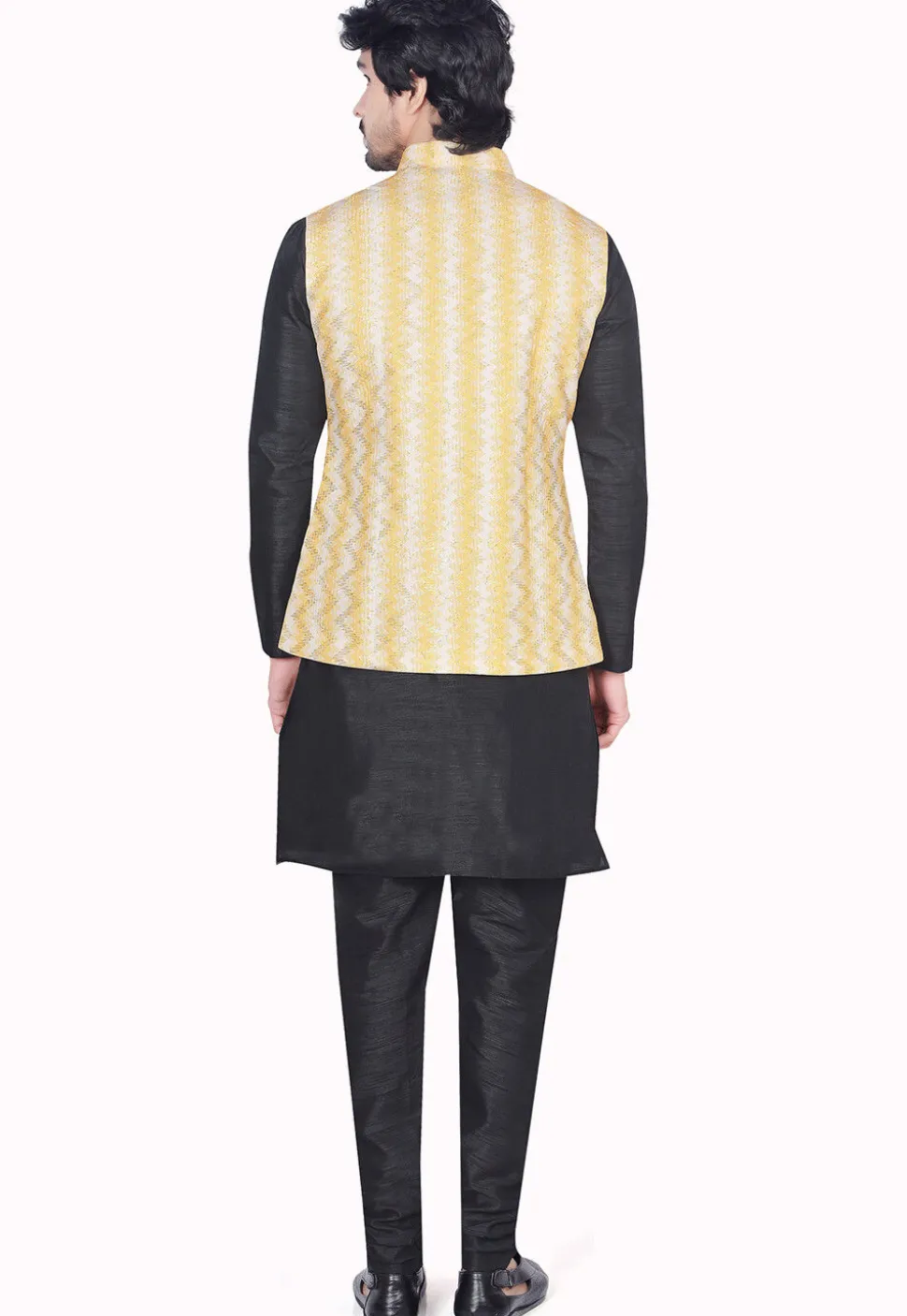 Digital Printed Art Silk Nehru Jacket in Yellow