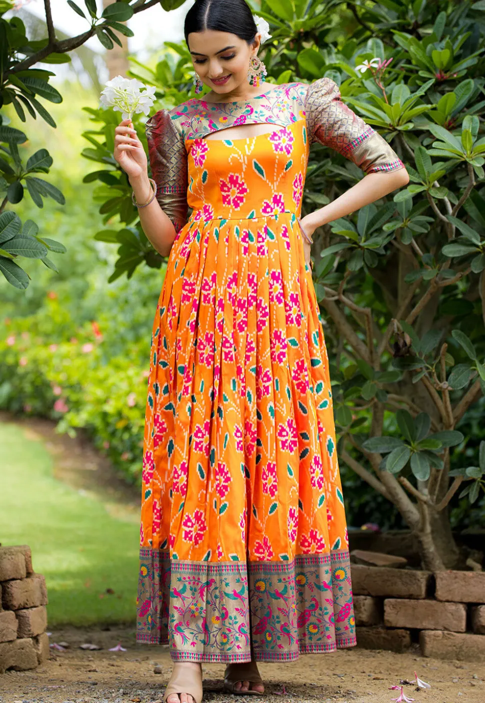 Digital Printed Art Silk Gown in Orange