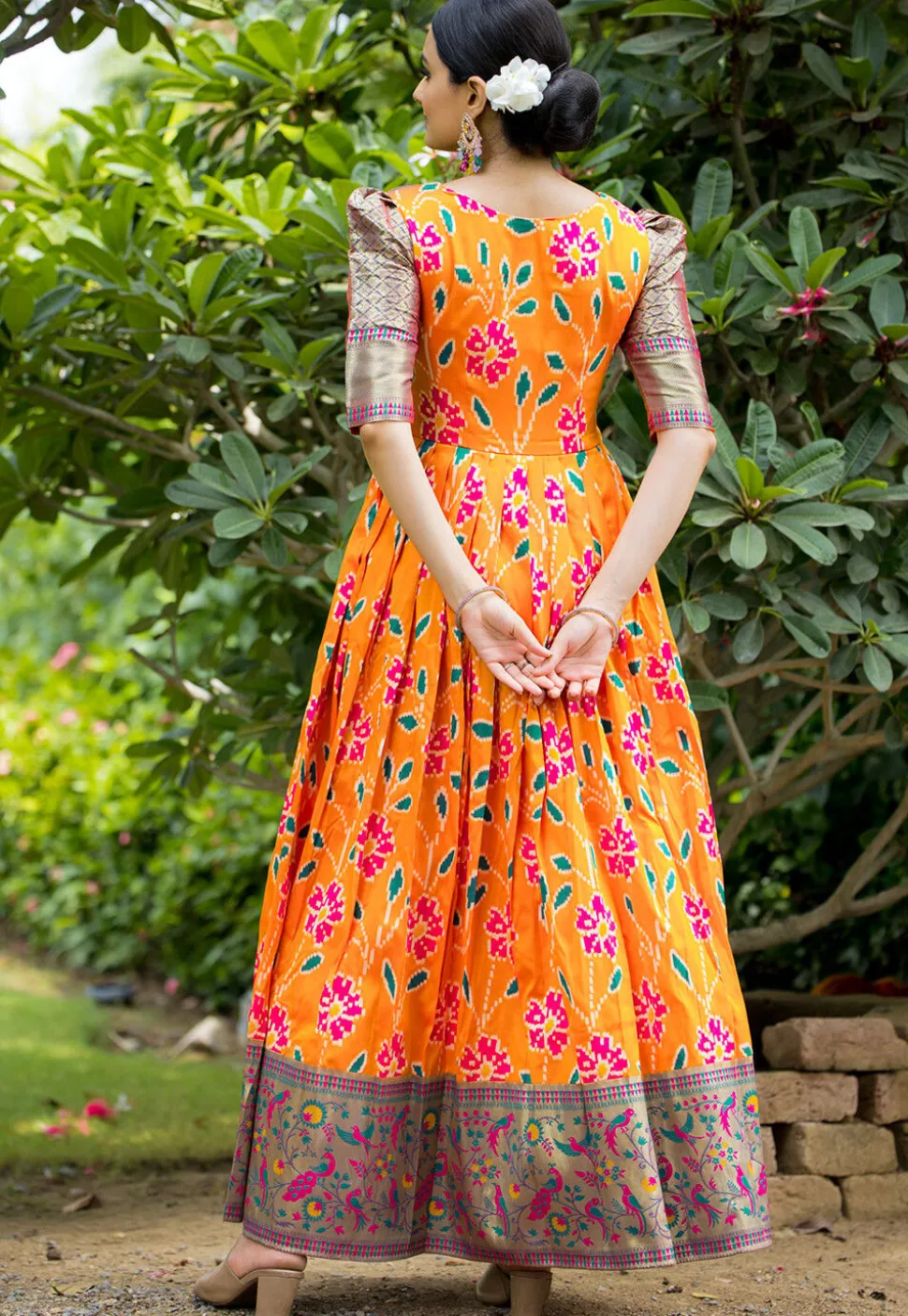 Digital Printed Art Silk Gown in Orange