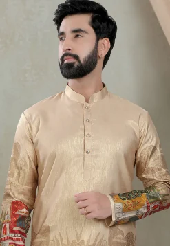 Digital Printed Art Silk Kurta Set in Beige