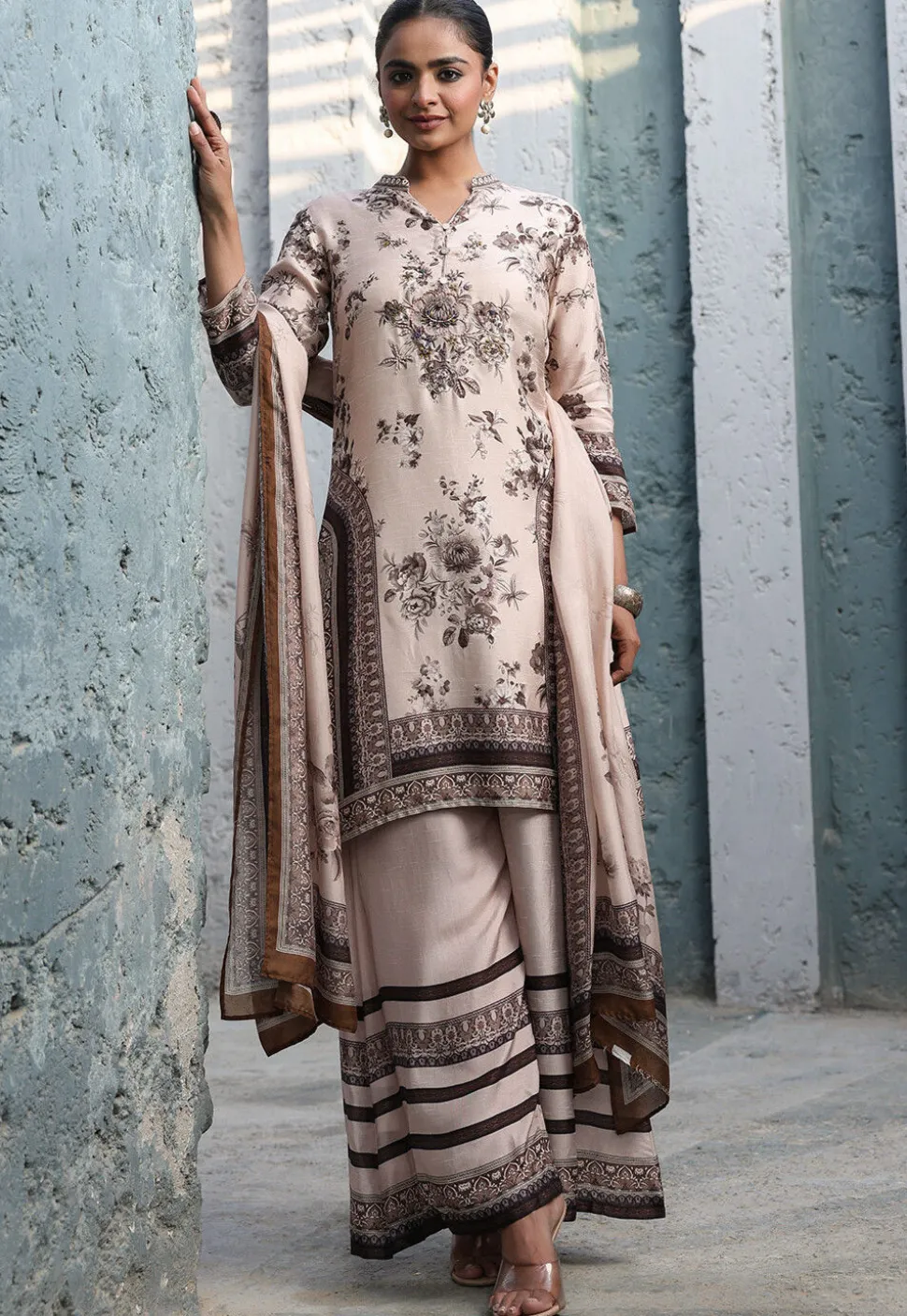 Digital Printed Art Silk Pakistani Suit in Light Beige