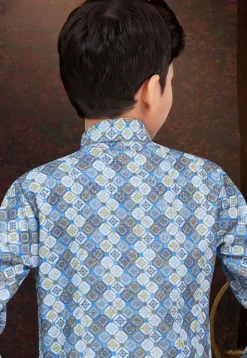 Digital Printed Art Silk Jacquard Sherwani in Blue and Off white