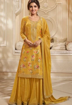 Digital Printed Art Silk Jacquard Pakistani Suit in Yellow