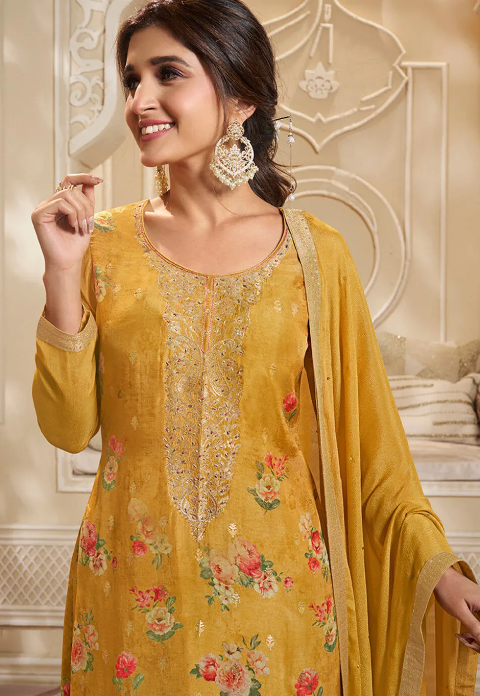 Digital Printed Art Silk Jacquard Pakistani Suit in Yellow