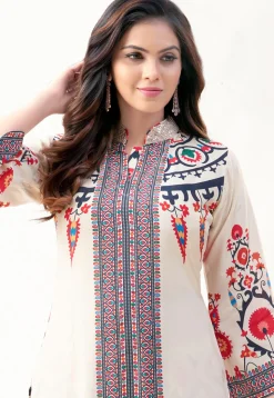 Digital Printed Art Silk A Line Kurta Set in Off White
