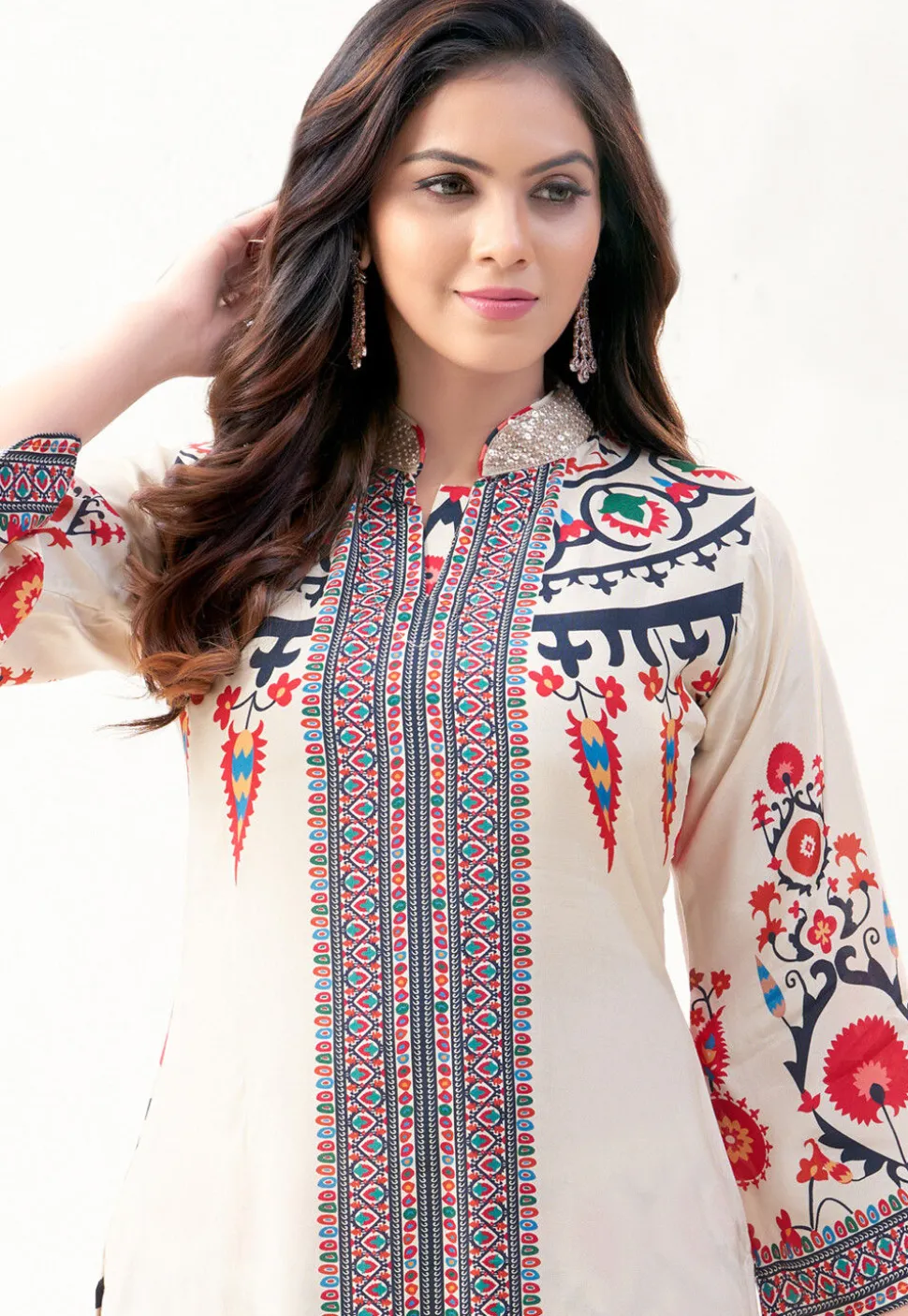Digital Printed Art Silk A Line Kurta Set in Off White