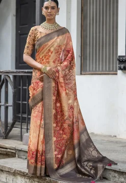 Digital Printed Art Silk Saree in Orange