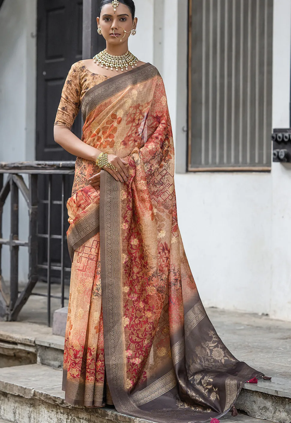 Digital Printed Art Silk Saree in Orange