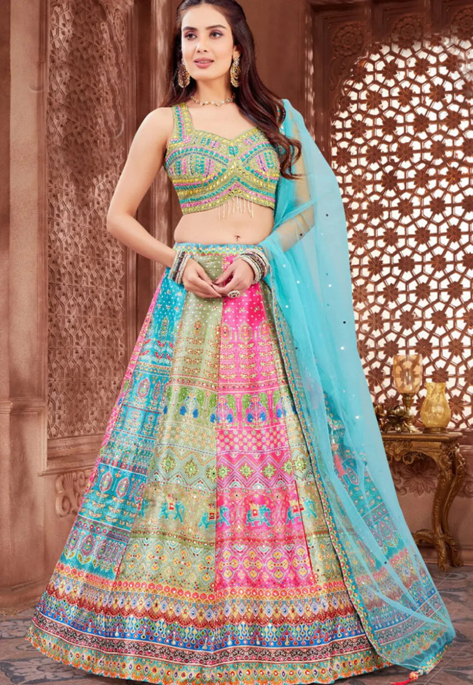Digital Printed Art Silk Lehenga in Multicolor