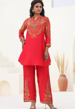 Digital Printed Art Silk A Line Kurta Set in Coral Pink