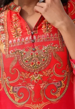 Digital Printed Art Silk A Line Kurta Set in Coral Pink