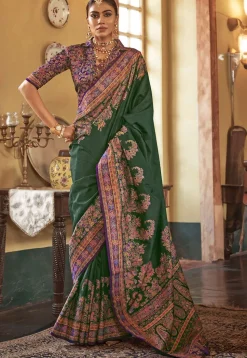 Digital Printed Art Silk Saree in Dark Green